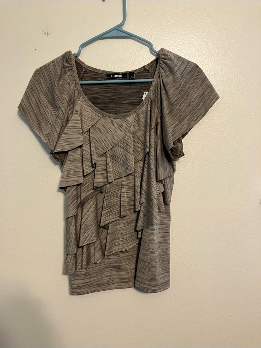 Elementz Ruffle Front Short Sleeve Top - Taupe Striated